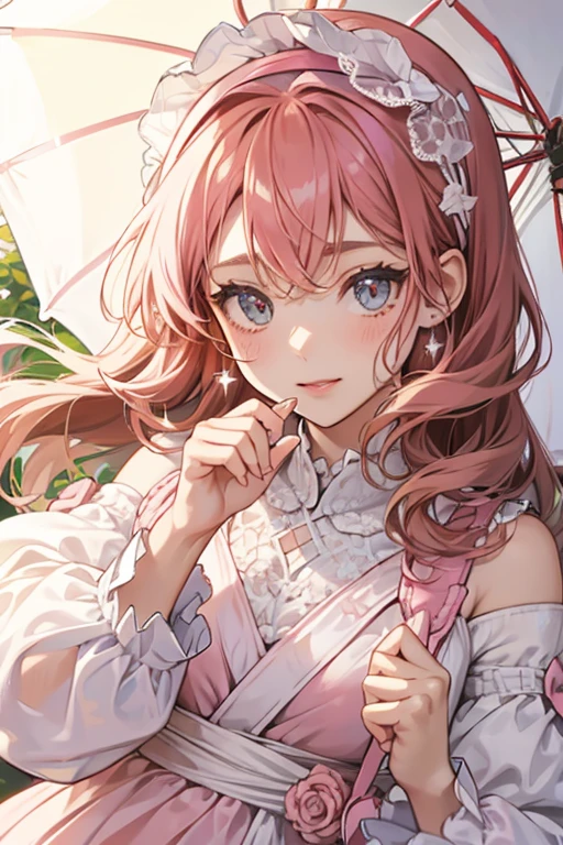 Rorimamatchi is a teenage girl with auburn hair that reaches her shoulders. She wears a white hairband on the top of her head and a pink and white dress. She is holding a light pink bag over her left arm and a beige coloured parasol in her right hand. She is wearing pink sandals. It is revealed in her close up that the hair at the sides of her hair are actually curls. SPARKLE; GLITTER