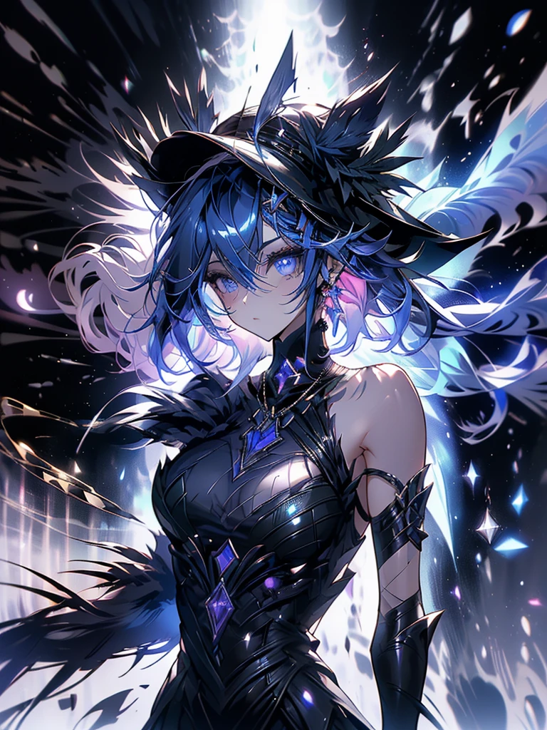 25-year-old girl、wearing a black elegant hat、Rune background、black magician、Wearing a black robe、mesmerize、cute woman、Elegant hairstyle、indigo hair color、Slightly shorter hair、blue eyes、look at the viewer、masterpiece、Best image、