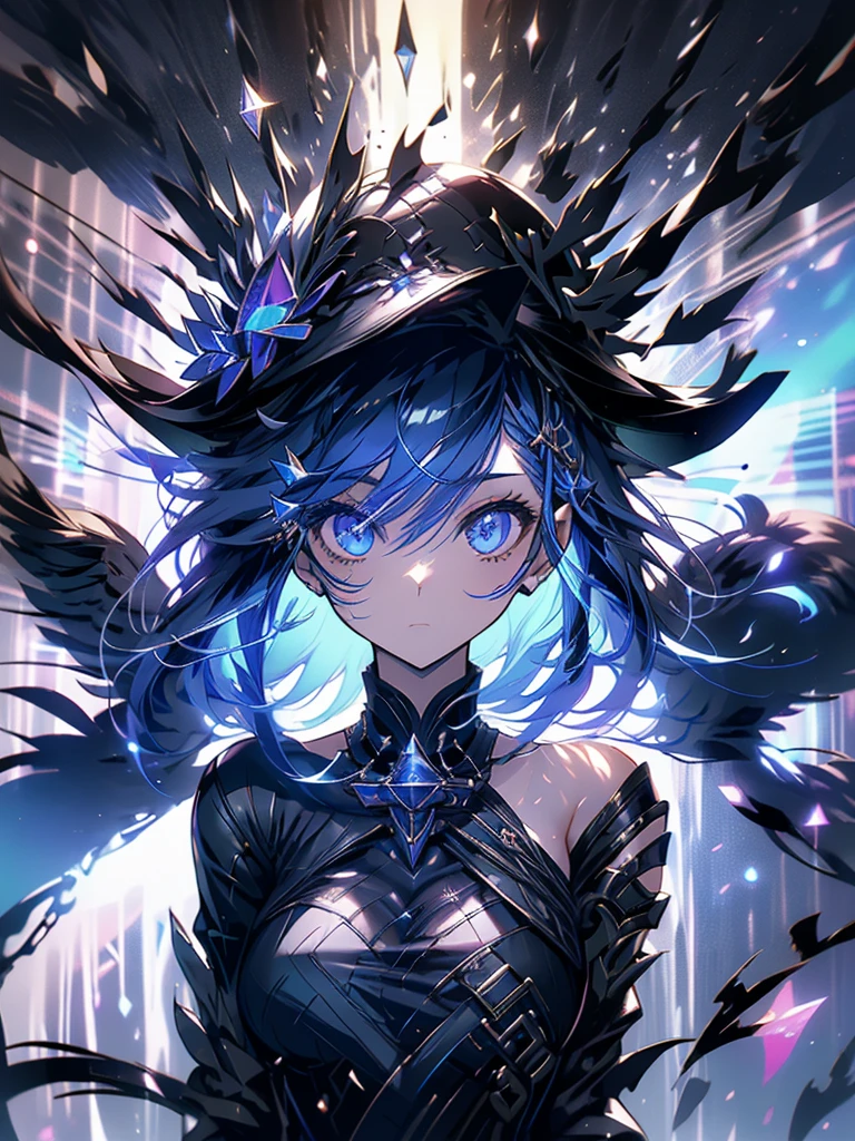 25-year-old girl、wearing a black elegant hat、Rune background、black magician、Wearing a black robe、mesmerize、cute woman、Elegant hairstyle、indigo hair color、Slightly shorter hair、blue eyes、look at the viewer、masterpiece、Best image、