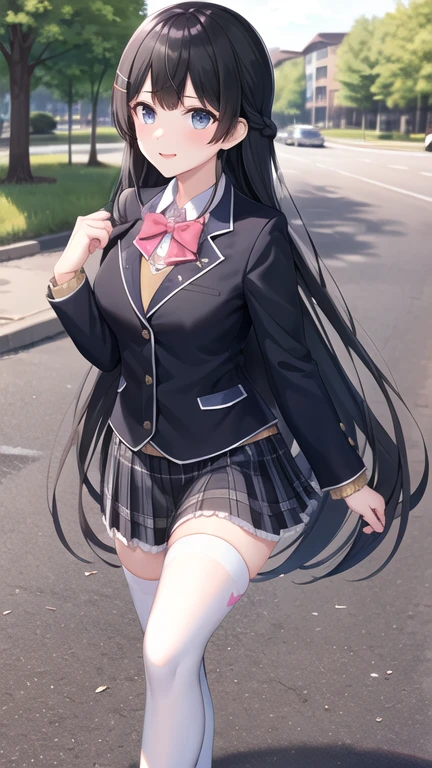 1girl, solo, tsukino mito, long hair, virtual youtuber, skirt, thighhighs, black hair, jacket, bow, blazer, black jacket, hairclip, hair ornament, white thighhighs, bangs, braid, pleated skirt, pink bow, , bowtie, very long hair, long sleeves, shirt, collared shirt, white shirt, blue eyes, pink bowtie, plaid skirt, plaid, black skirt, miniskirt, standing,  outdoors, street,