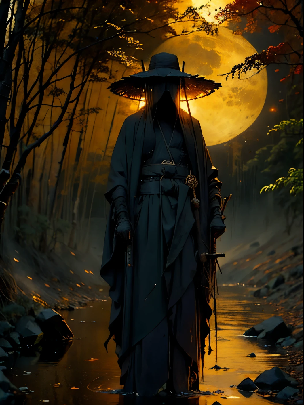 (Mejor calidad,ultra detallado),oscuro,wet,gotas de lluvia artificiales cayendo,ancient japanese warrior standing in the rain,japanese traditional bamboo hat(kasa),paisaje de bosque denso,naturaleza majestuosa y serena,luna llena brillando intensamente en el cielo nocturno,kimono negro con rayas rojas fluorescentes que brillan a la luz de la luna,espada samurai afilada y desenvainada(katana),