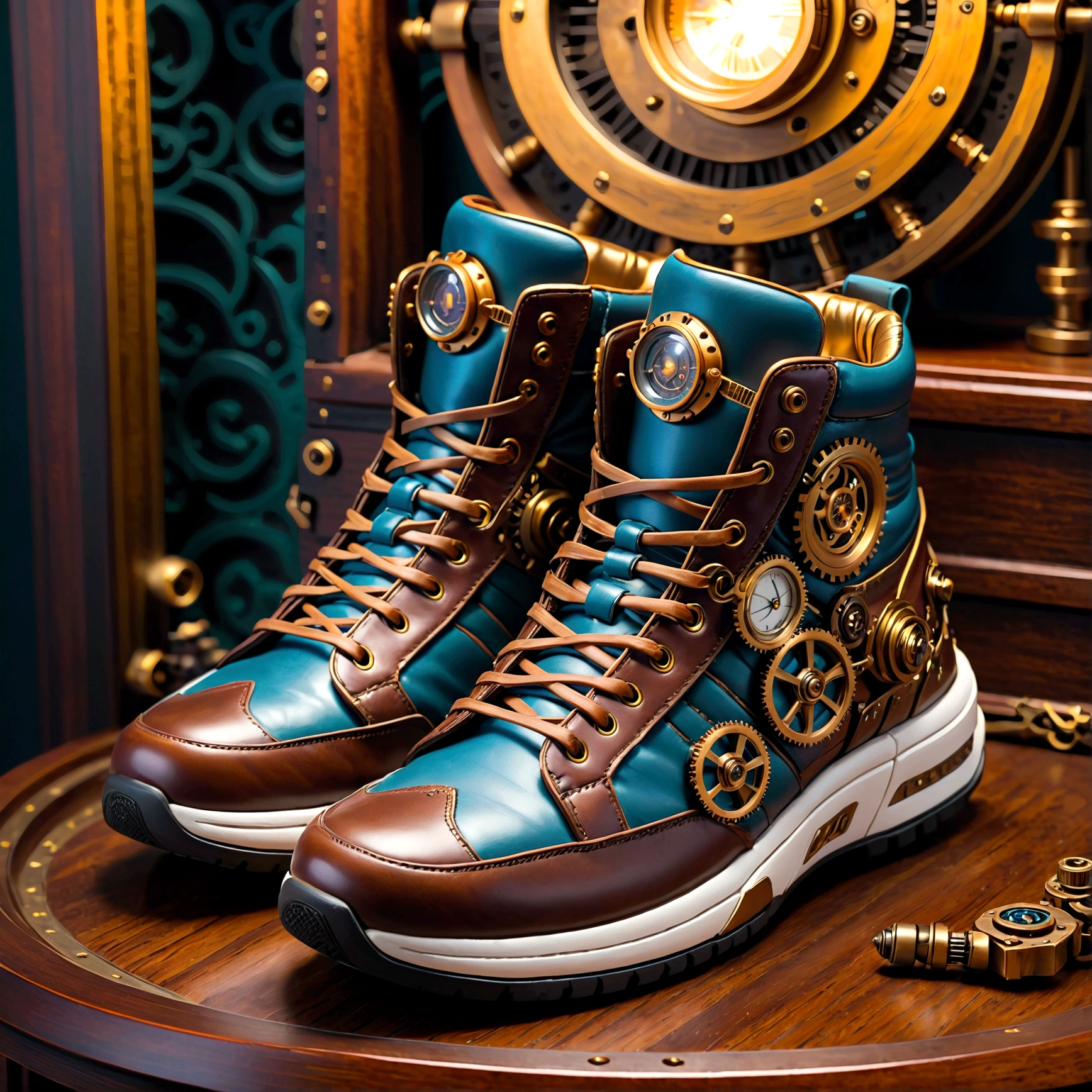 Product photography of steampunk mechanical sneakers,masterpiece,8K,Extremely detailed,best quality,