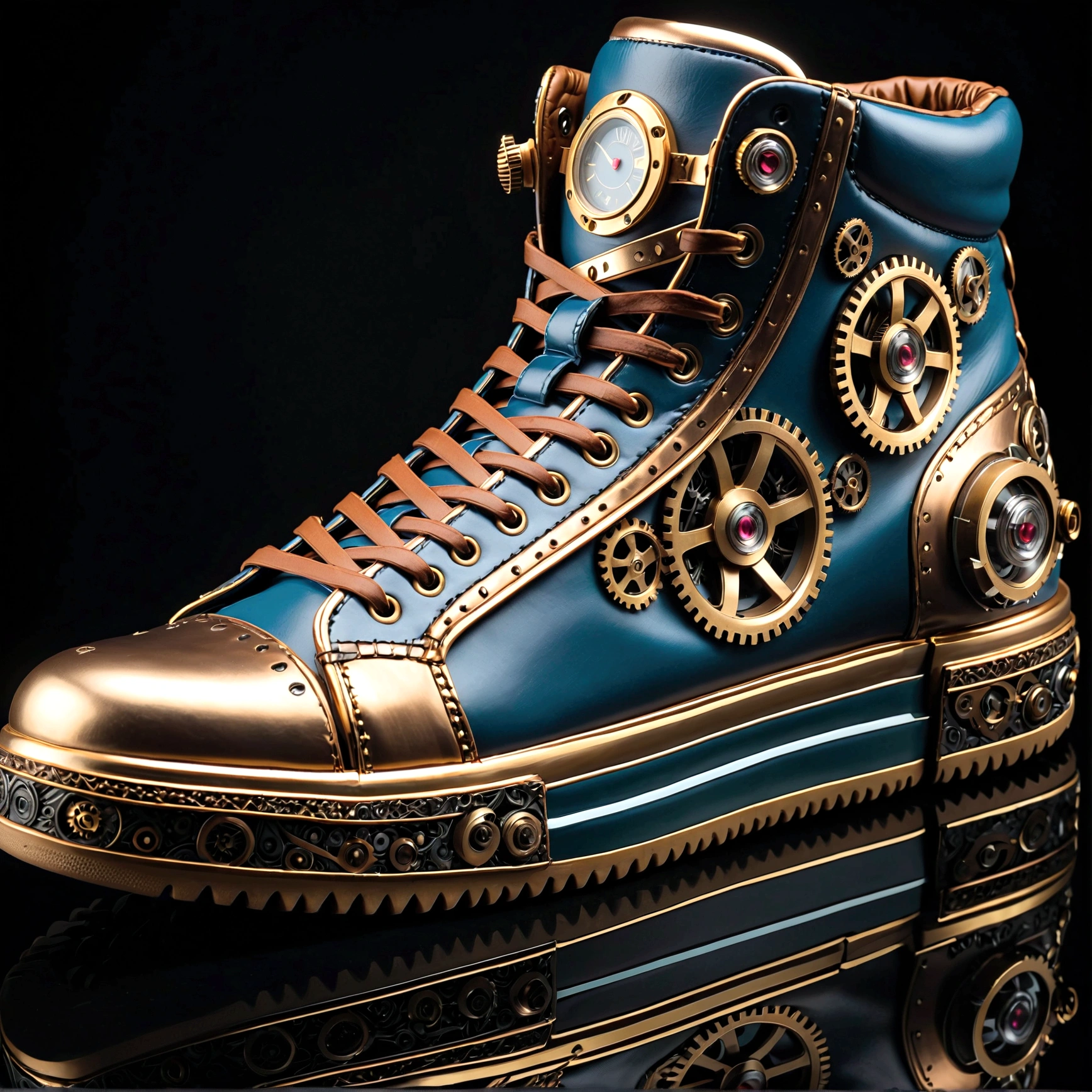 Product photography of steampunk mechanical sneakers,masterpiece,8K,Extremely detailed,best quality,