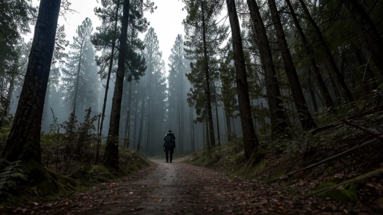 HDR Realista, High resolution masterpiece: 1.3, Bosque aterrador con follaje denso, una joven congelada por el miedo, lluvia goteando por su rostro tembloroso, ambiente detallado e inmersivo, atmosphere full of horror, inquietantemente realista, scared and vulnerable protagonist, chillingly captured emotion, ojos llenos de miedo, ropa empapada , entorno de pesadilla, bosque oscuro y espeluznante, ramas retorcidas, sombras siniestras, criaturas siniestras que acechan en las sombras, renderizado HDR inmersivo, efectos visuales escalofriantes, Screams and whispers echoing through the trees., suspenso trepidante, Experiencia escalofriante.