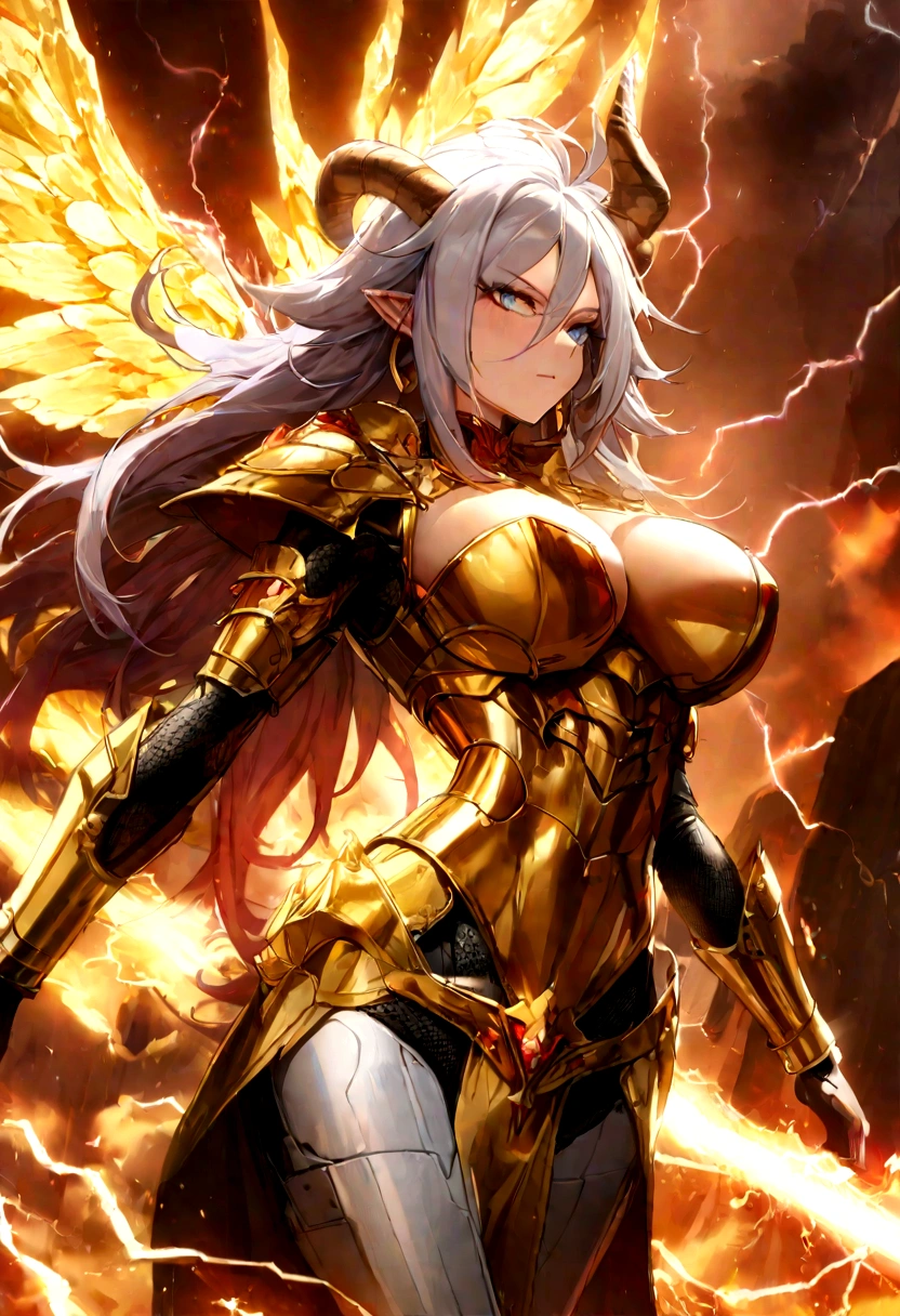 ((Lightning Power)), ((Electricity)), ((Fire Background)), ((Lightning Storm)), ((Fire and Lightning Power Erupting)),(((android 21))), (((white Coat))), (((Busty))), (((((Big breast:1,3)))), luxury bustier corset, ((silver hair)), (((Very slim waist))), propotional body, ((Gorgeous)), (((gold wings))), masterpiece, hyperdetail, ambient effect, digital effect, (((FIRE SWORD)), (((Lightning Sword))), (((Fire Gold Armor))), (((Lightning Gold Wings))), ((Fire Demon Horns))