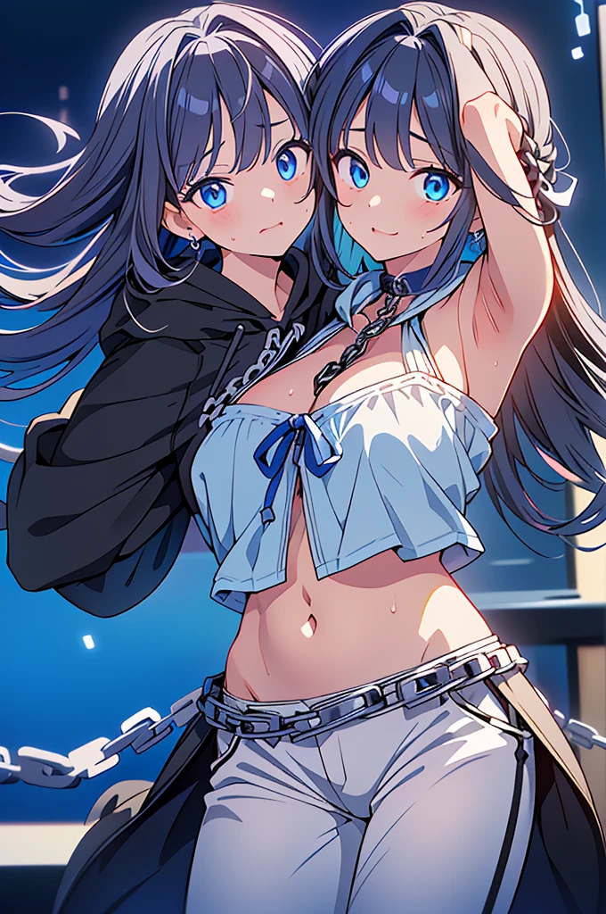 (masterpiece, best quality), best resolution, (2heads:1.5), 1girl, two-headed girl with((18year old, two heads, two heads are positioned next to each other, fused necks, facing the viewer, tattered clothing, white tube top, Black short-sleeved hoodie, White pants, Best Bust, Bust 85, extremely long black hair on both heads, Blue eyes, open chest wide, Happiness, Sweating, Chain Accessories, During the dance、お腹に♡のペイント))hiquality, visualart,