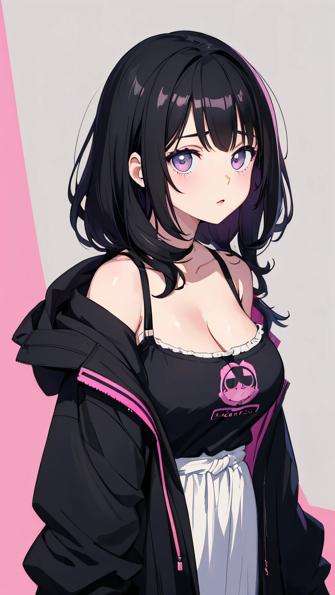 girl,Black Hair,Pink Lips,Wearing a black shirt,Pastel palette aurora punk style,Anime illustration of her face,Animated GIFs,Hand-drawn animation,Fascinating sketch,Smooth and shiny,A vague romanticism,Super Flat Style,White background -- ar 1:1 -- Nij 5 -- Style Expressions - S 50,Cleavage,(Big Breasts,The shoulder strap comes off)