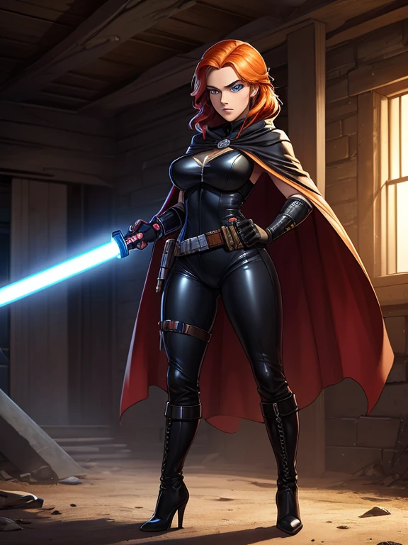 (best quality,8k:1.2,high resolution:1.2), , (Detailed face:1.2), (Detailed eyes:1.2), (Perfect figure:1.2), ultra-detailed,Realistic,vintage science fiction, extremely detailed face, long eyelashes, a full body shot of a woman (Mara Jade), long orange hair, bright blue eyes, a determined look and stoic gaze. She's wearing a tight black leather suit, tan cape, fingerless gloves, silver utility belt and high-heel boots. She's holding a purple lightsaber. Defending a barracks on a battlefield. professional,vivid colors,Physically-based rendering,sharp focus,studio lighting,conceptual artists
