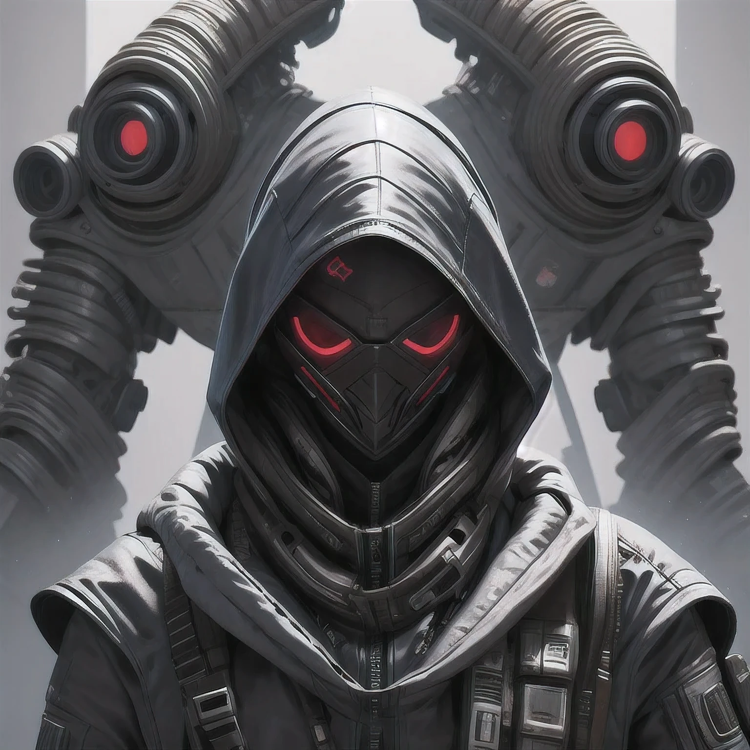 a close up of a person in a hoodedie standing in front of a clock, techwear occultist, dystopian sci-fi character, epic scifi character art, dark cyberpunk illustration, dark high-contrast concept art, dark futuristic, symmetric concept art, dark hooded wraith, epic sci - fi character art, epic sci-fi character art