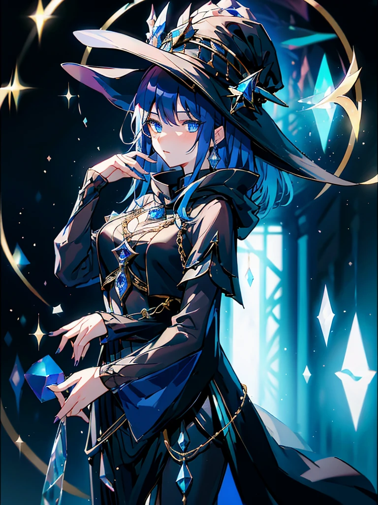 25-year-old girl、wearing a black elegant hat、Rune background、black magician、Wearing a black robe、mesmerize、cute woman、Elegant hairstyle、indigo hair color、Slightly shorter hair、blue eyes、look at the viewer、masterpiece、Best image、