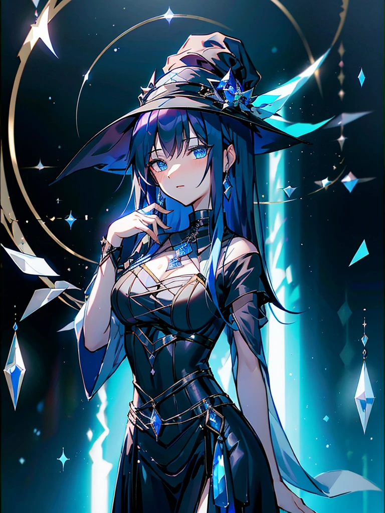 25-year-old girl、wearing a black elegant hat、Rune background、black magician、Wearing a black robe、mesmerize、cute woman、Elegant hairstyle、indigo hair color、Slightly shorter hair、blue eyes、look at the viewer、masterpiece、Best image、