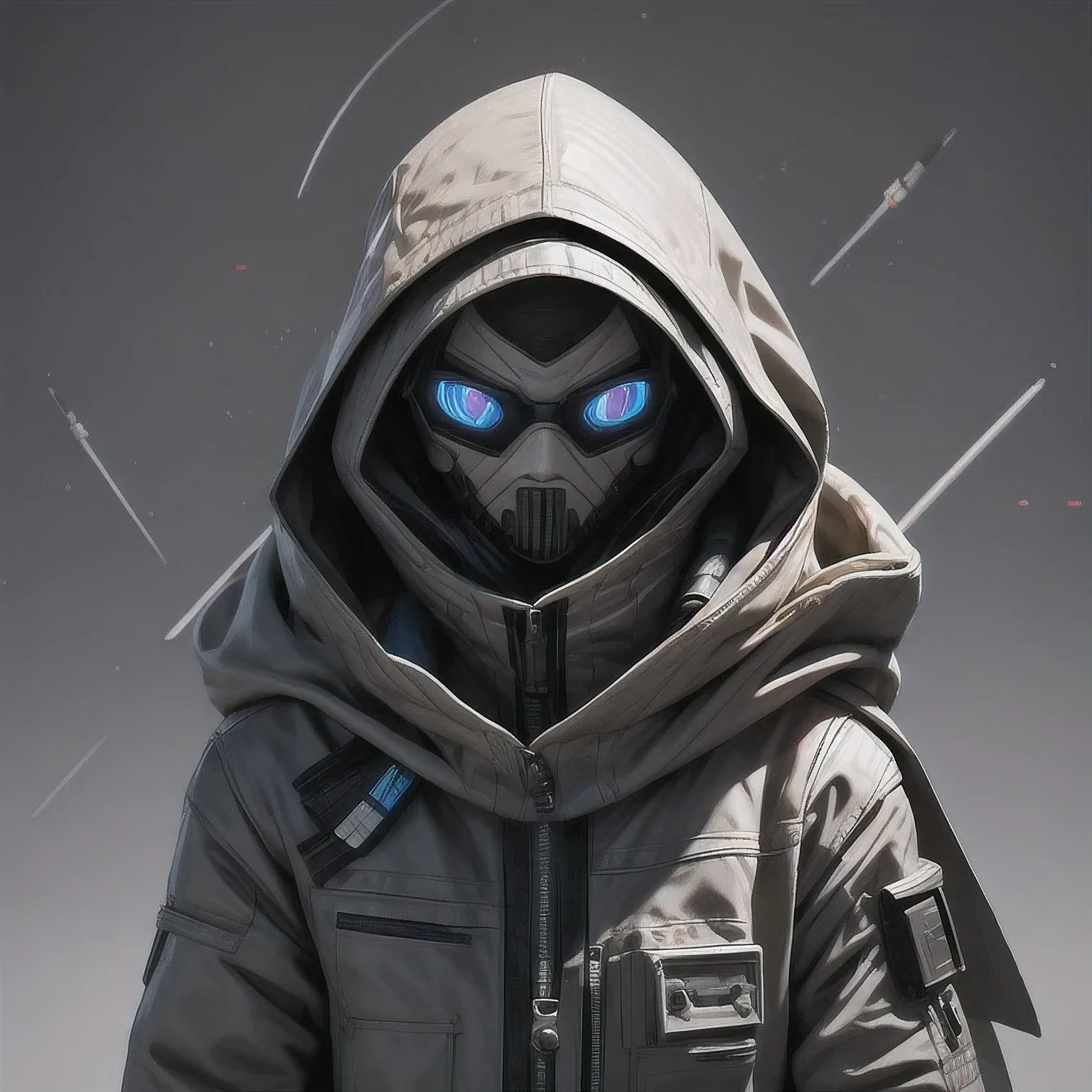 a close up of a person in a hoodedie standing in front of a clock, techwear occultist, dystopian sci-fi character, epic scifi character art, dark cyberpunk illustration, dark high-contrast concept art, dark futuristic, symmetric concept art, dark hooded wraith, epic sci - fi character art, epic sci-fi character art