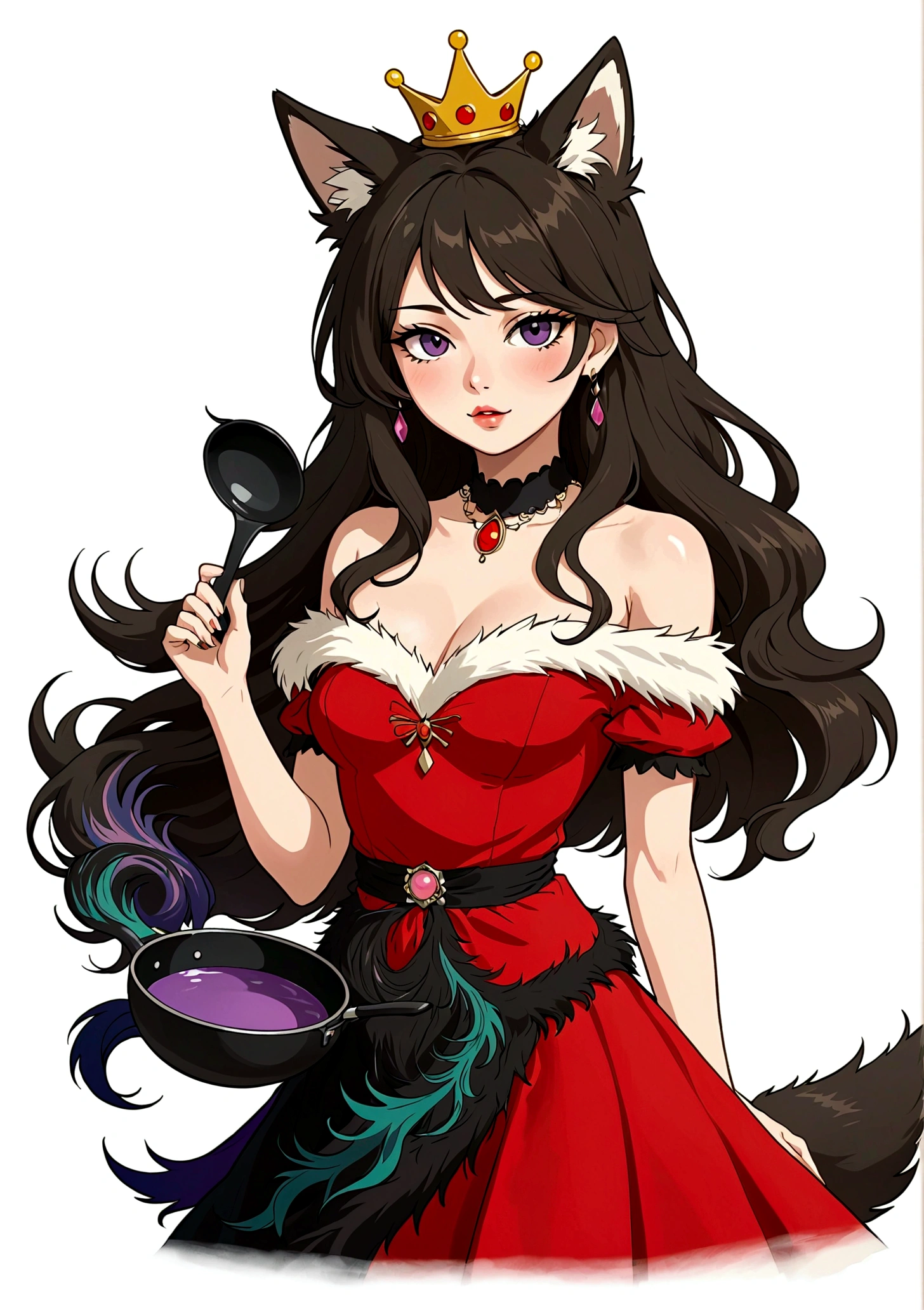 Red Wolf Personification，Anime girl holding a frying pan，Purple Eyeshadow，Black long hair，Cat ears，Small Crown，Red off-shoulder dress，Fur collar shawl，wave，Slender neck