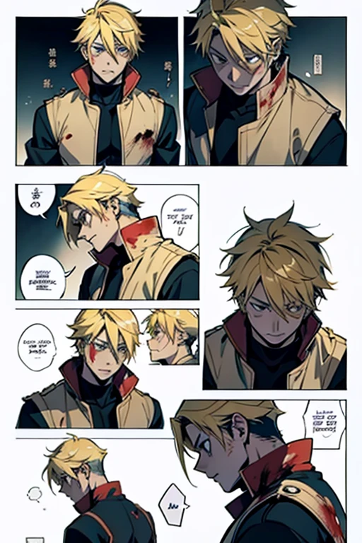 Anime guy with blonde hair covered in blood and shell shocked , detailed scene manga page with panels and dialogue