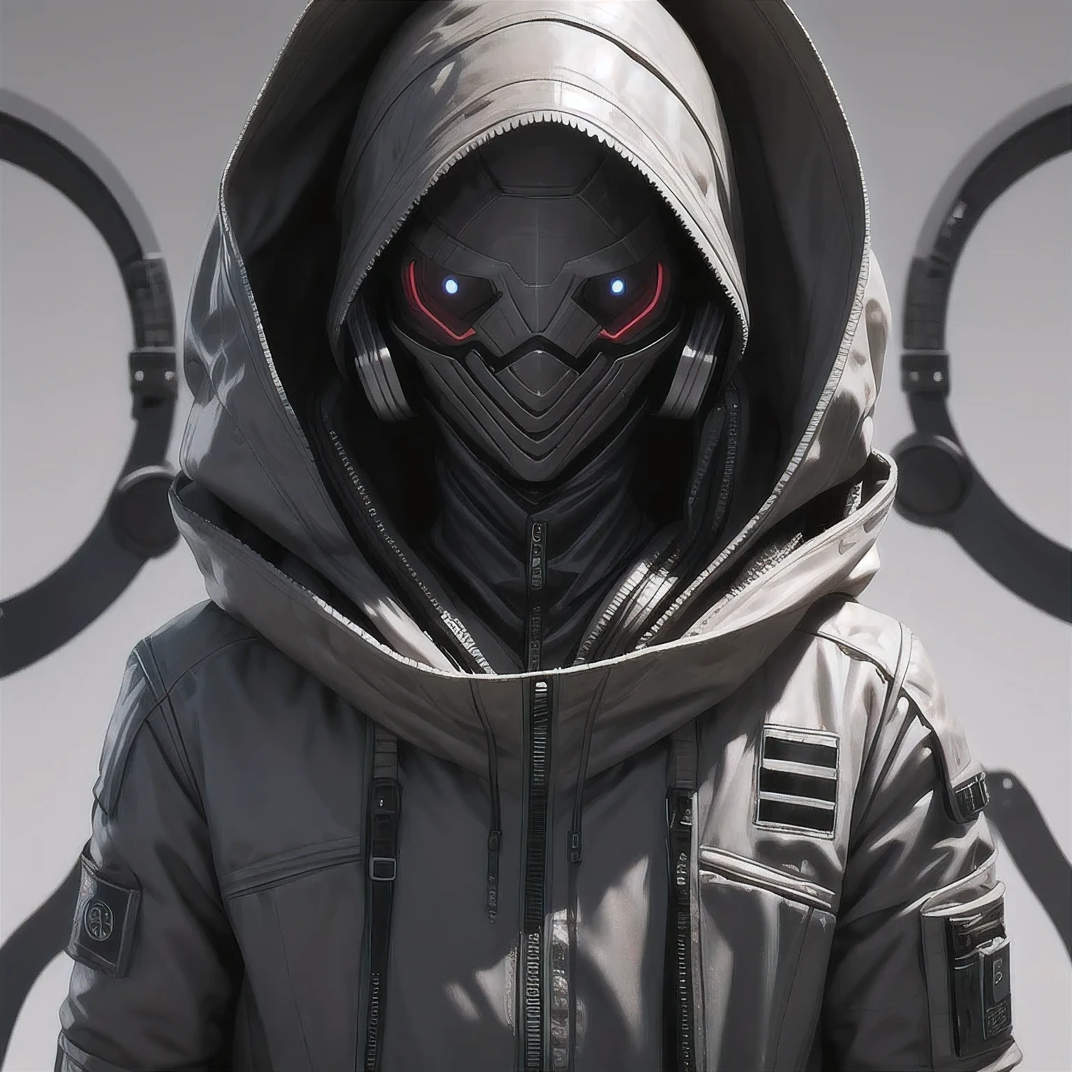 a close up of a person in a hoodedie standing in front of a clock, techwear occultist, dystopian sci-fi character, epic scifi character art, dark cyberpunk illustration, dark high-contrast concept art, dark futuristic, symmetric concept art, dark hooded wraith, epic sci - fi character art, epic sci-fi character art