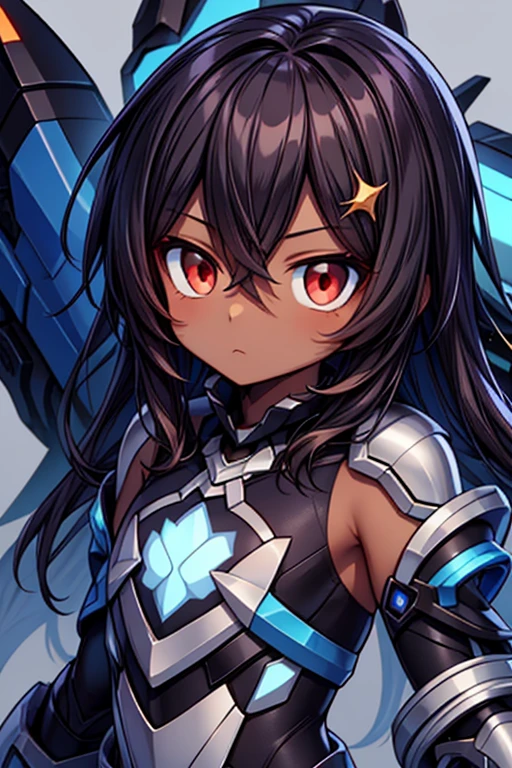 (((dark skin tone))),dark skin male, femboy, dark skin, cute shota,red eyes, blue mecha hairpin, dark brown hair medium hair,wearing a black exoskeleton, detached sleeves, blue mecha Gauntlets, black full bodysuit, honkai impact herrscher of reason,full armour mecha_musame,Elsword, orange gem on chest, close up