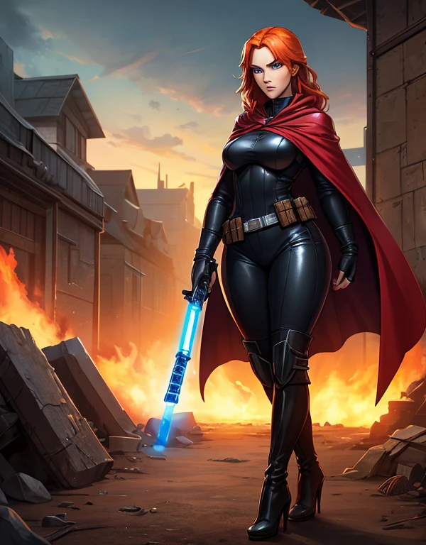 (best quality,8k:1.2,high resolution:1.2), , (Detailed face:1.2), (Detailed eyes:1.2), (Perfect figure:1.2), ultra-detailed,Realistic,vintage science fiction, extremely detailed face, long eyelashes, a full body shot of a woman (Mara Jade), long orange hair, bright blue eyes, a determined look and stoic gaze. She's wearing a tight black leather suit, tan cape, fingerless gloves, silver utility belt, gun holsters, and high-heel boots. She's holding a purple lightsaber. Defending a barracks on a battlefield. professional,vivid colors,Physically-based rendering,sharp focus,studio lighting,conceptual artists
