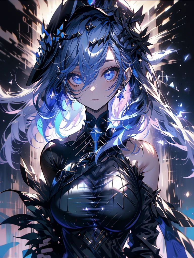 25-year-old girl、wearing a black elegant hat、Rune background、black magician、Wearing a black robe、mesmerize、cute woman、Elegant hairstyle、indigo hair color、Slightly shorter hair、blue eyes、look at the viewer、masterpiece、Best image、