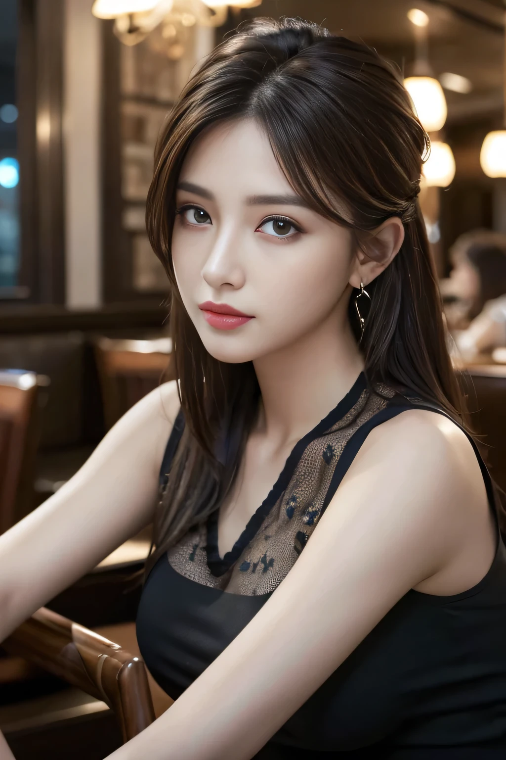 masterpiece, highest quality, Realistic, Very detailed, Finer details, High resolution, 8k wallpaper, One beautiful woman,Wear a blue-black see-through shirt, In a great restaurant, At night, Light brown messy hair, Perfect dynamic composition, Beautiful and beautiful eyes、Big earrings、Sitting in a chair、Sleeveless shirt、