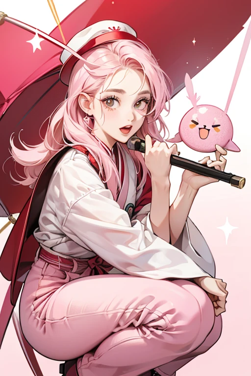 she looks like a squat white  with a cracked pattern along the lower half, appearing to be pink pants with two white buttons. she have an open mouth with red lips, circular light pink cheeks, and small oval-shaped eyes with eyelashes. she is wearing red boots and a pink derby hat on the right (their left) side of her head. she hold a yellow whistle in one hand and a pink flag with the Japanese Tamagotchi logo, and a red arrow-shaped handle, in the other. SPARKLE; GLITTER