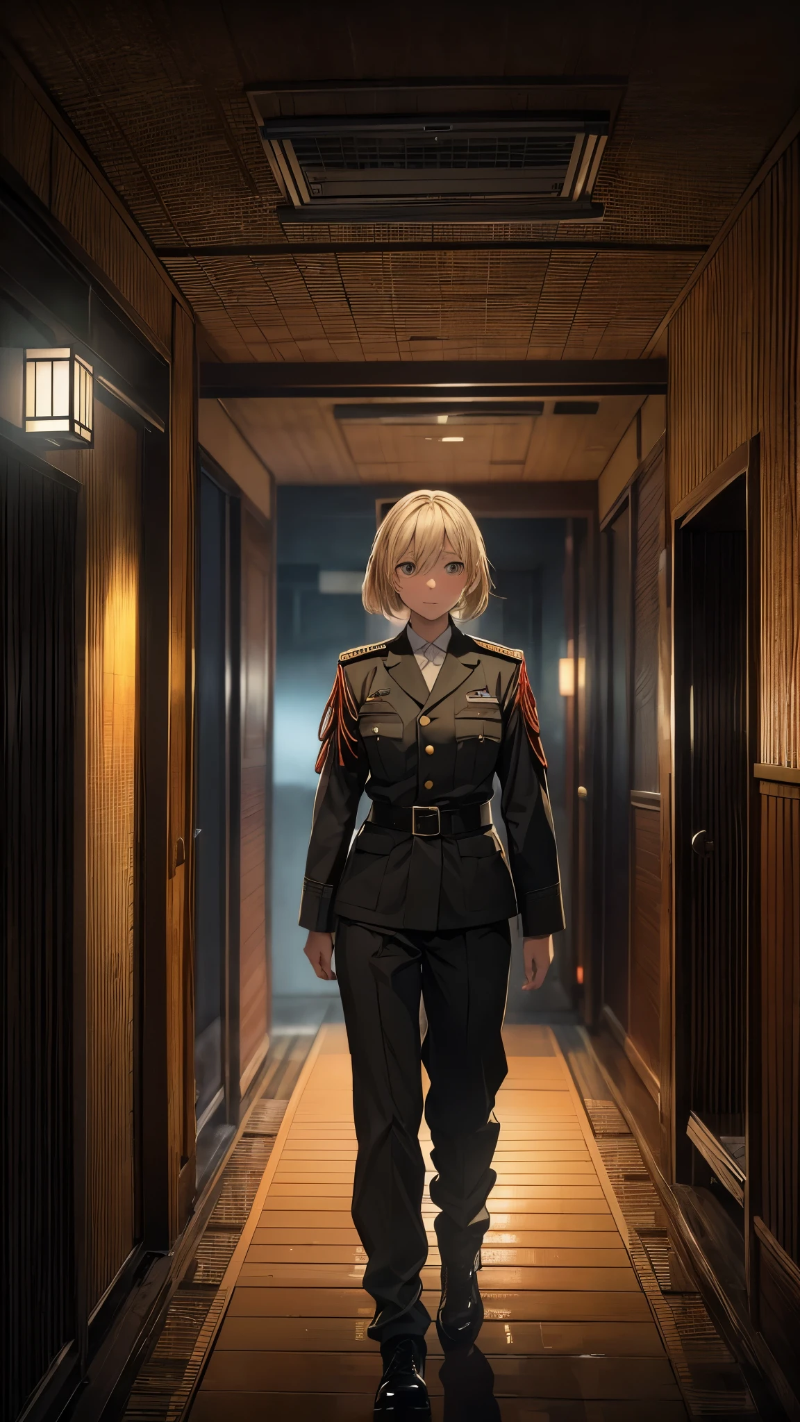 ((In low lighting,Japanese hotel hallway,Inside the dimly lit hallway)),((Outside my window at night the city is burning)),One Woman,20-year-old female,She is wearing military uniform,Short blonde,She is walking down the hallway