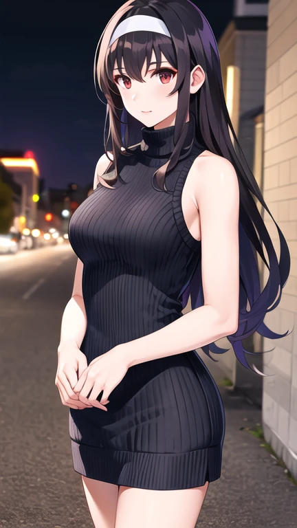 masterpiece, best quality, highres, aautaha, long hair, black hair, hairband, sweater dress, turtleneck, sleeveless, standing, cowboy shot, night, street,