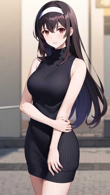 masterpiece, best quality, highres, aautaha, long hair, black hair, hairband, sweater dress, turtleneck, sleeveless, standing, cowboy shot, night, street,