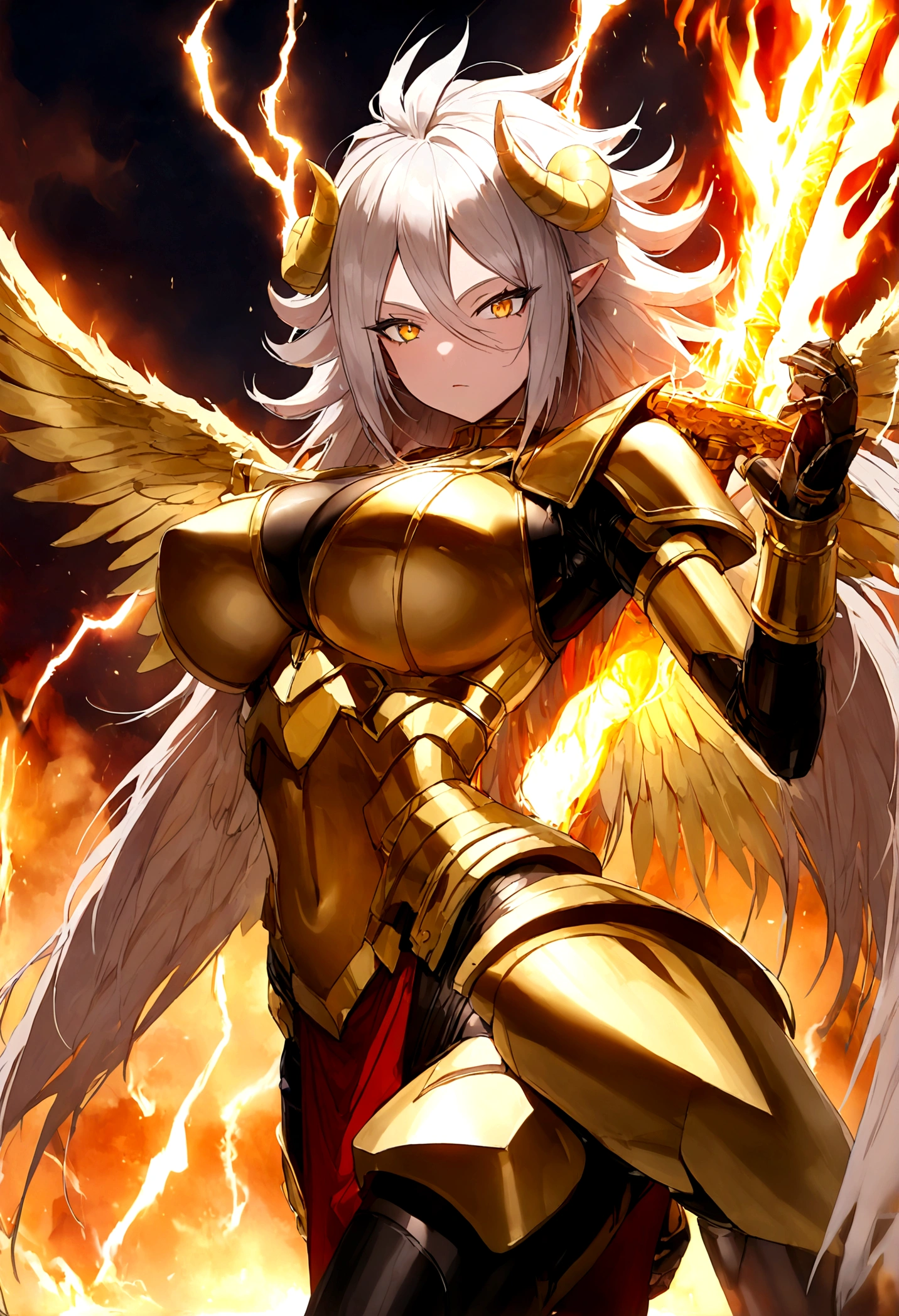 ((Lightning Power)), ((Electricity)), ((Fire Background)), ((Lightning Storm)), ((Fire and Lightning Power Erupting)),(((android 21))), (((white Coat))), (((Busty))), (((((Big breast:1,3)))), luxury bustier corset, ((silver hair)), (((Very slim waist))), propotional body, ((Gorgeous)), (((gold wings))), masterpiece, hyperdetail, ambient effect, digital effect, (((FIRE SWORD)), (((Lightning Sword))), (((Fire Gold Armor))), (((Lightning Gold Wings))), ((Fire Demon Horns))