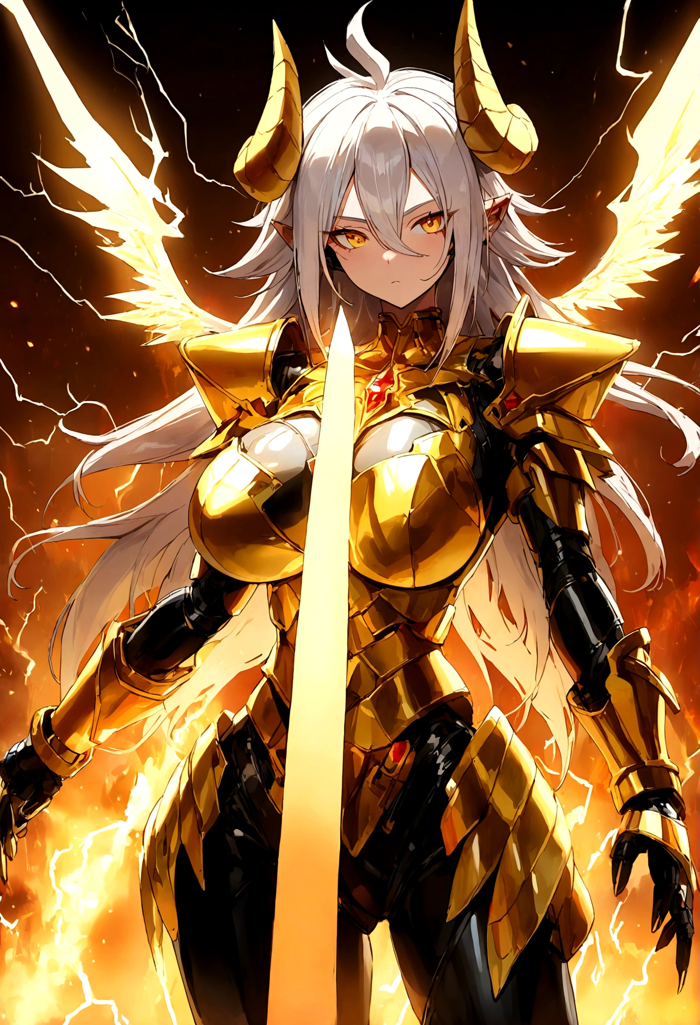 ((Lightning Power)), ((Electricity)), ((Fire Background)), ((Lightning Storm)), ((Fire and Lightning Power Erupting)),(((android 21))), (((white Coat))), (((Busty))), (((((Big breast:1,3)))), luxury bustier corset, ((silver hair)), (((Very slim waist))), propotional body, ((Gorgeous)), (((gold wings))), masterpiece, hyperdetail, ambient effect, digital effect, (((FIRE SWORD)), (((Lightning Sword))), (((Fire Gold Armor))), (((Lightning Gold Wings))), ((Fire Demon Horns))