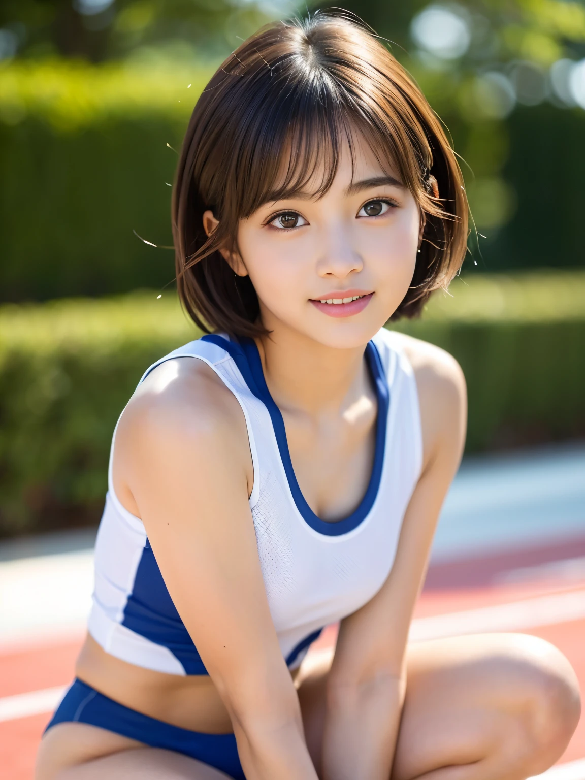 (Best-quality, Masterpiece, Ultra-High-Resolution, (Photorealistic:1.4), Raw Photo,  depth of field, professional lighting, perfect anatomy, extremely details), 1girl, 15-years-old, the most famous Japanese idol, standing on athletic-stadium, looking at viewer, innocent smile, ((wearing track and field uniform)), (extremely cute face like the most popular Japanese idol, ((extremely cute big-eyes)), extremely cute short-cut-hair, extremely cute long-eyelashes, extremely cute lips), (((extremely beautiful and extremely realistic skins))), extremely beautiful thighs, dynamic-pose