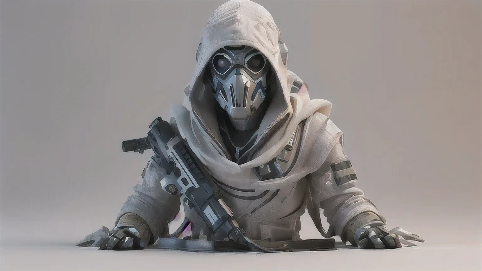 arafed man in a white robe with a gun and a mask, dystopian sci-fi character, 3 d render character art 8 k, scifi character render, sci-fi soldier, 3 d character render, sci - fi character, 3 d octane render conceptart, helghast, post - apocalyptic scavenger, scifi character, video game render, wraith from apex legends