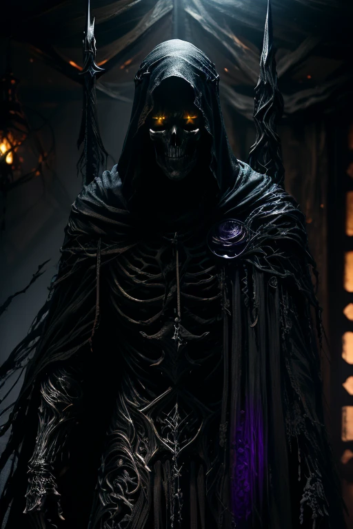 ((realistic illustration:1.4)),(dark fantasy:1.3), ((male)). ((Hooded))(black skeleton:1.2)((shadow:1.1)) (wraith), wearing ((black battle armor)), skeleton with glowing lights in eye sockets,((purple eyes:1.4)), Celtic cross pendant, tall imposing, accompanied by his (raven companion). (agent of divine vengeance).Masterpiece, (highly detailed:1.2),(detailed face and eyes:1.2), 8k wallpaper, natural lighting. core shadows, high contrast, bokeh.