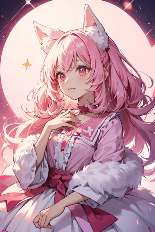 Rubytchi looks like a fluffy white dog. She has two floppy ears tied with pink ribbons, and scruffy hair. She wears a pink collar with a pentagonal ruby on it. SPARKLE; GLITTER