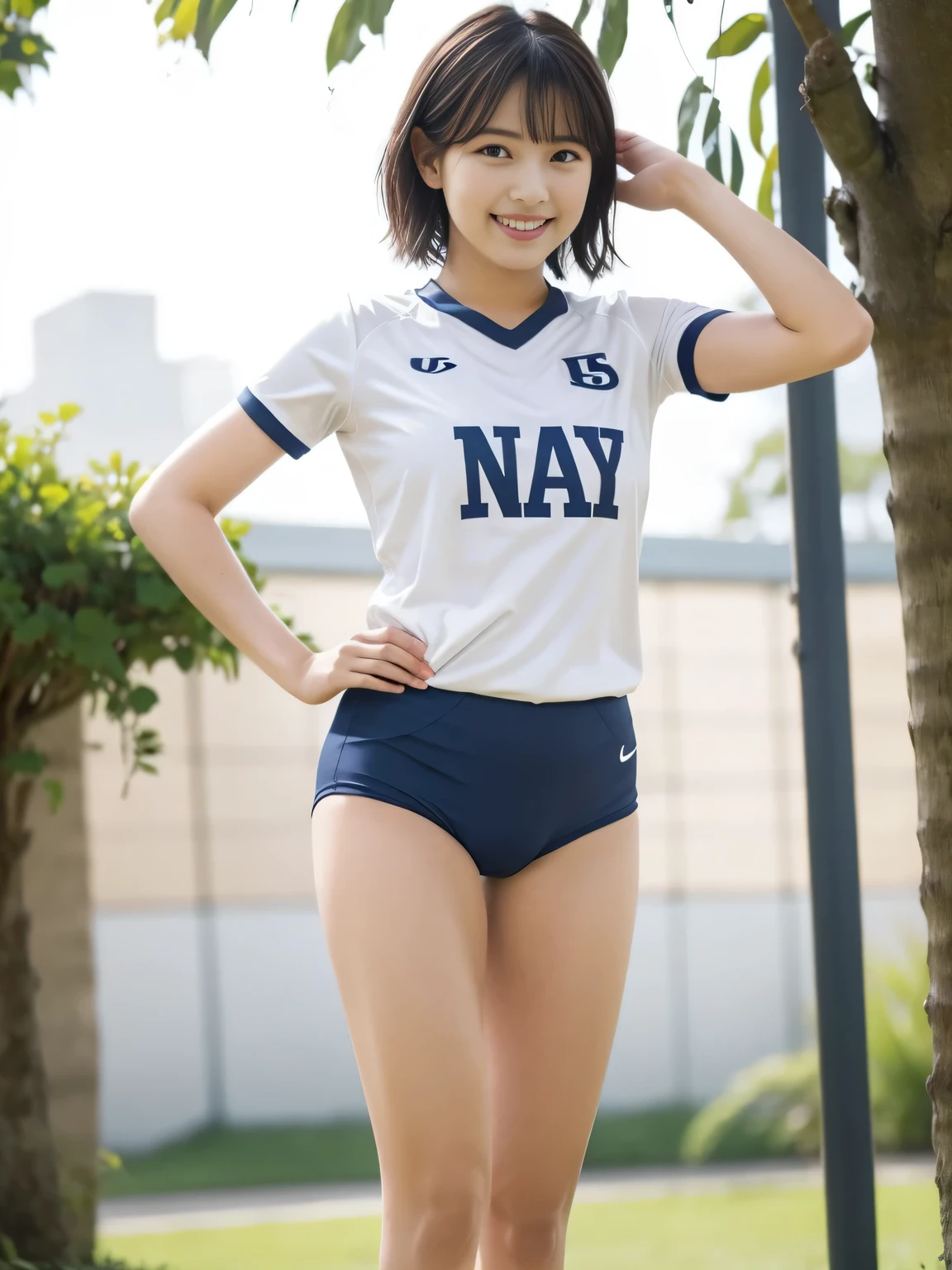 1 girl, alone, Ten generations, 15 years, white, cute, beautiful, wearing a volleyball uniform, navy blue and white colour on the outfit, white t-shirt, Navy blue high-leg bloomers, masterpiece, high quality, dark brown short hair, bangs, smile, sweet, sunny morning, outdoor, Stand and pose romantically, sexy, upturned butt, 