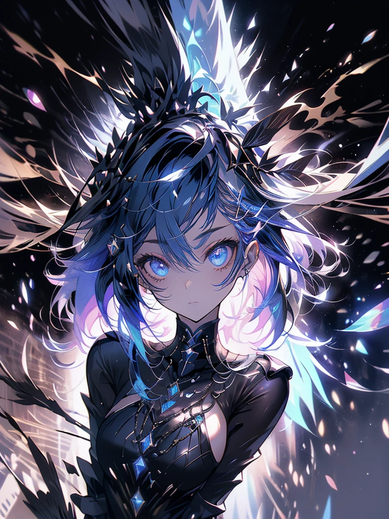 25-year-old girl、wearing a black elegant hat、Rune background、black magician、Wearing a black robe、mesmerize、cute woman、Elegant hairstyle、indigo hair color、Slightly shorter hair、blue eyes、look at the viewer、masterpiece、Best image、