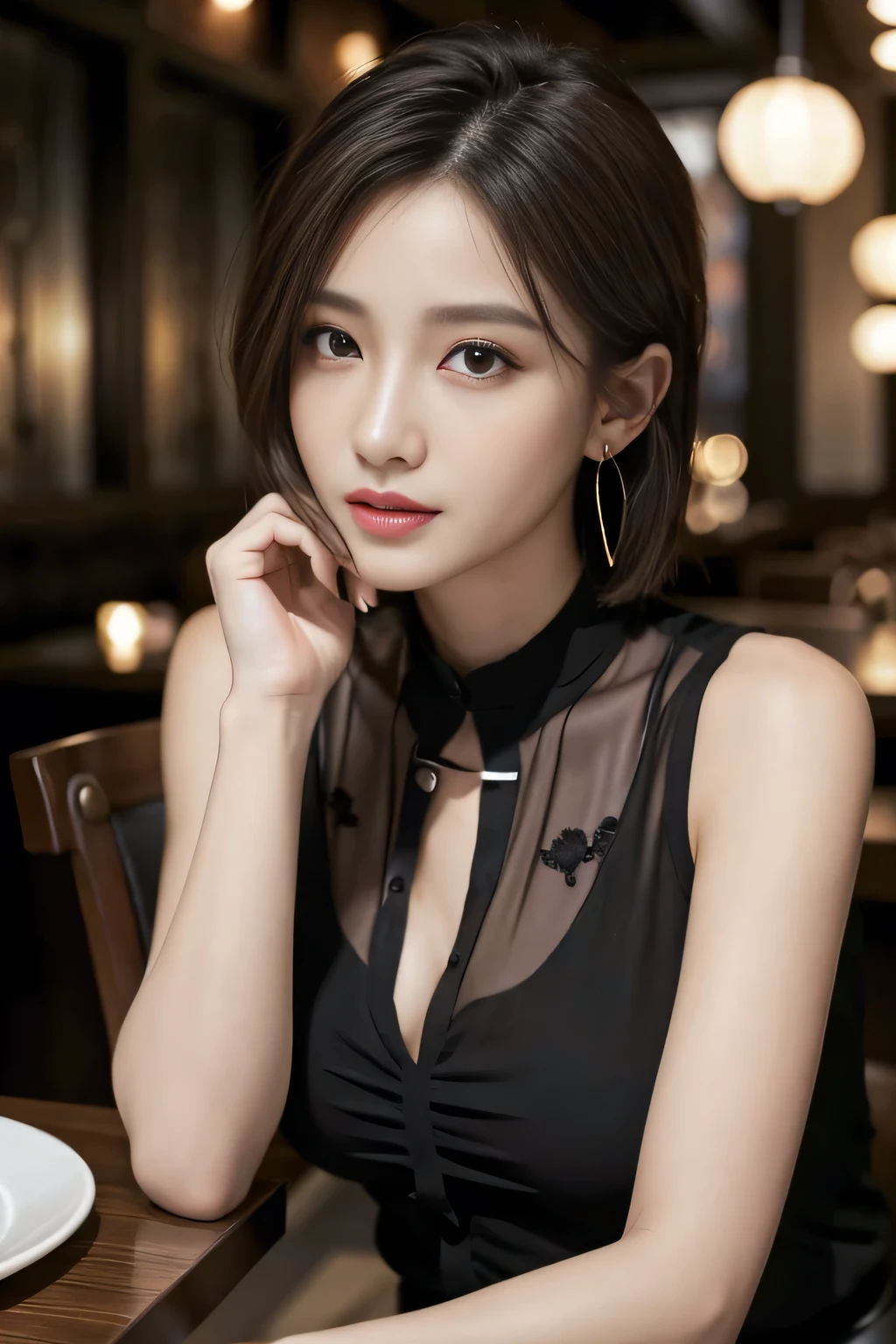 masterpiece, highest quality, Realistic, Very detailed, Finer details, High resolution, 8k wallpaper, One beautiful woman, Wear a black see-through shirt, In a great restaurant, At night, Light brown, unkempt short hair, Perfect dynamic composition, Beautiful and beautiful eyes、Big earrings、Sitting in a chair、Sleeveless shirt、