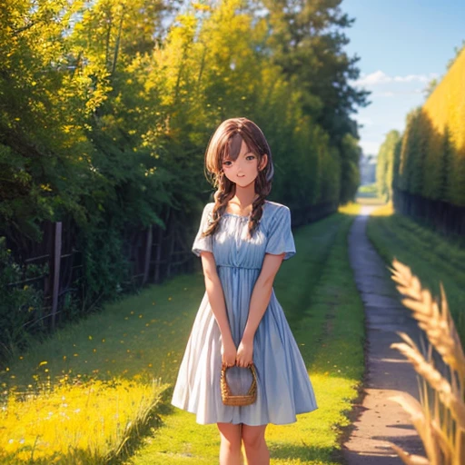 One girl, 20-year-old, Tall and attractive, Wearing a cute country dress, Braided hair, Standing on a rural farm. She's gentle, A kind smile and expressive eyes. A charming barn can be seen in the background., Golden wheat fields and clear blue skies. The composition should be bathed in warm golden hour light., The soft depth of field and soft bokeh accentuate the idyllic tranquility.. Capture images that look like they were shot on vintage 35mm film for added impact, movie,