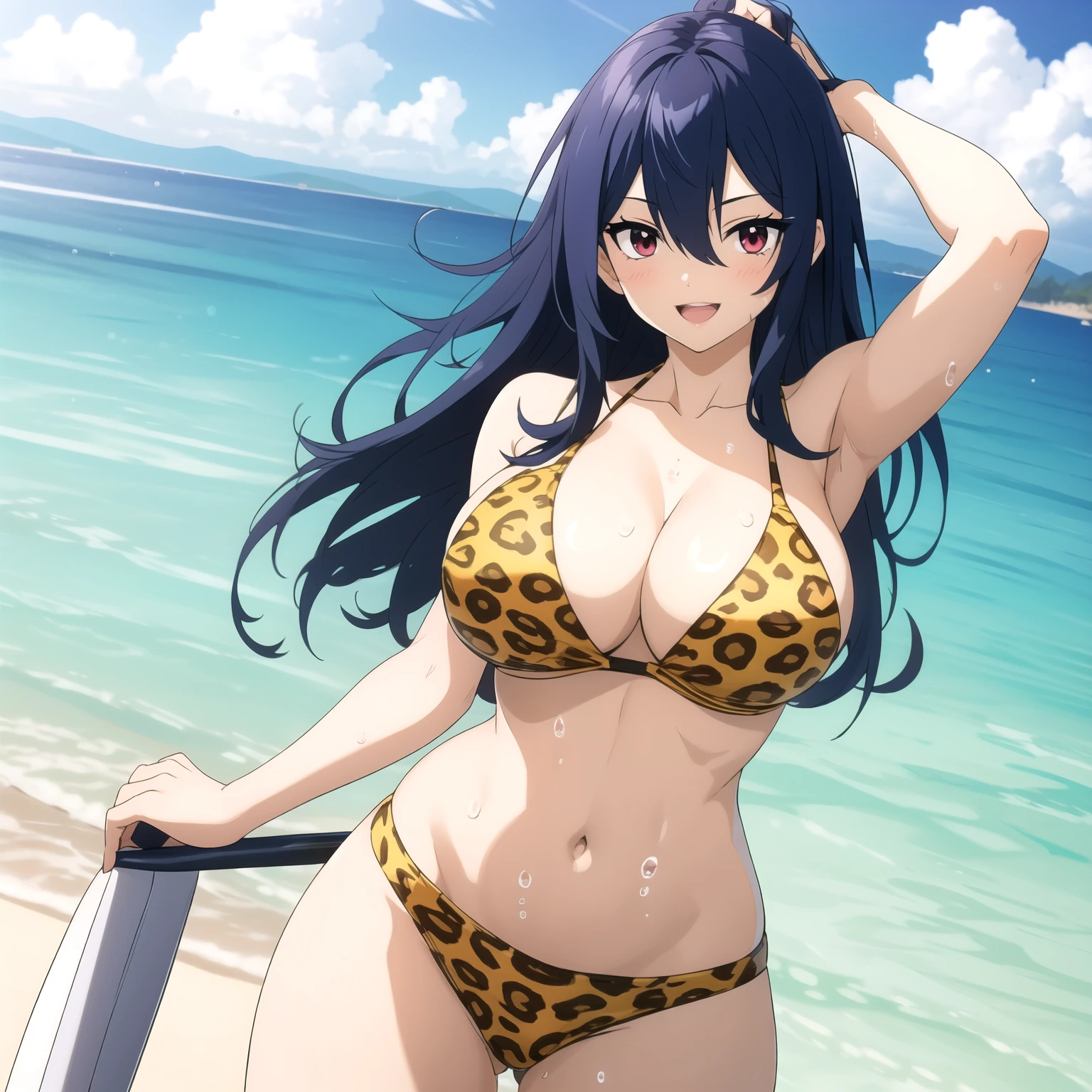 25 year old woman blue hair, pelo azul, red eyes like rubies, pechos grandes, yellow leopard bikini, fondo una playa . cuerpo mojado, gotas de agua en su pecho. pechos grandes,  sonrisa feliz. manos detras de la cabeza. cuerpo completo. rubor cuerpo mojado, cabello mojado , manos perfectas. manos perfectas. 