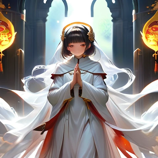 anime girl, priest suit, red long-silk mask, long white-cloak, hoodie lower-mask, blessing hands, blessing gesture, compassionate action, iconic blessing stance, epicRealism, 8k, UHD super detailed, perfect face, perfect fist, perfect feet, ethereal, thick smoke and fog