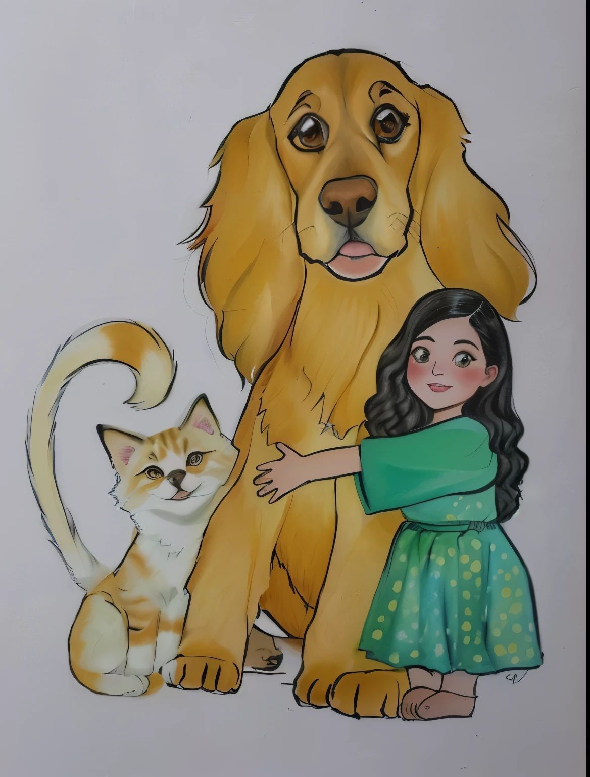 pintura de uma e um cachorro com um gato, com cachorros, powder Nándor Katona, desenho de livro , linda pintura de amigos, por Cicely Hey, illustration , em estilo cartoon, por Reyna Rochin, detalhe adicionado, long-haired humanoid fursona, desenho colorido, por Károly Lotz