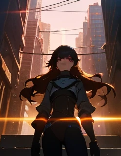 /imagine prompt: An anime-style beautiful girl character inspired by a creature with a large central eye and many smaller eyes. She stands in a futuristic cityscape with skyscrapers and power lines in the background. Her long wavy reddish-brown hair flows in the wind, her light pink skin glowing under the warm sunlight. She is dressed in a combination of metal and fabric armor, reflecting a blend of traditional and futuristic styles. The scene is illuminated by soft natural light, with shadows adding depth and dimension. Created using: Makoto Shinkai lighting techniques, detailed character design, high contrast, sharp focus, anime aesthetics, hd quality, natural look --ar 16:9 --