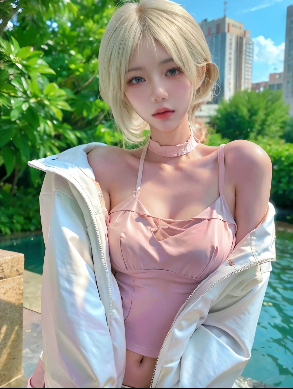 Beautiful woman with perfect figure：1.4，Layered hairstyle，White skin，Prominent cleavage，Bikini：1.5，Super short pleated skirt，whole body，Very delicate facial and skin texture，Double eyelids，Skin Whitening，Long white hair