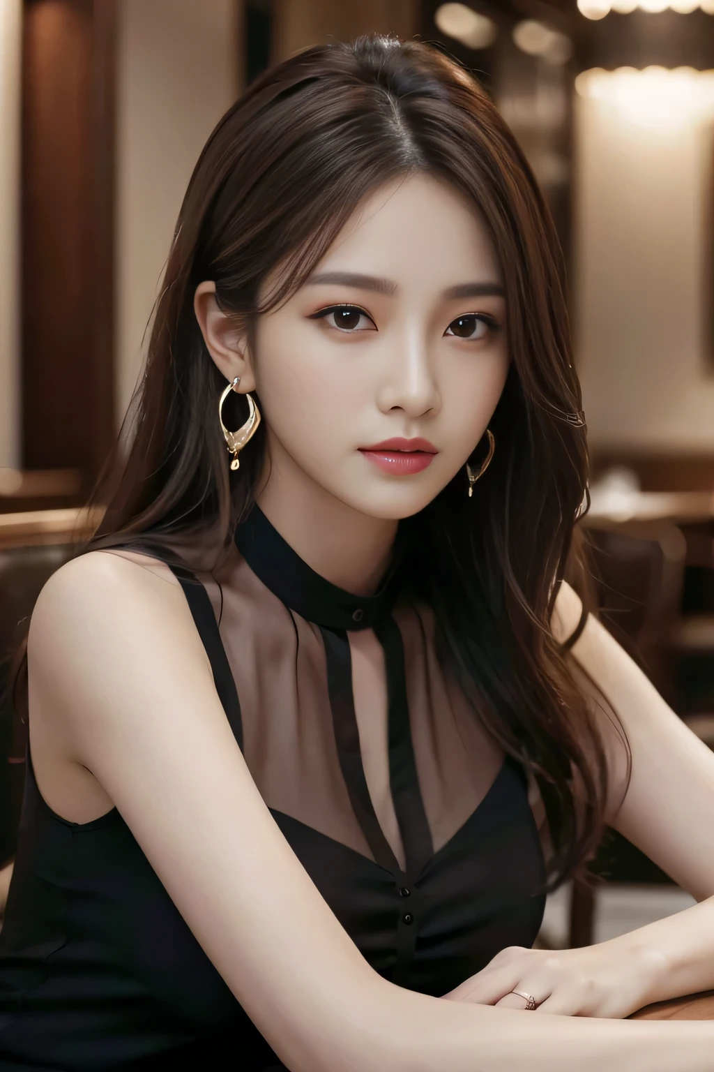 masterpiece, highest quality, Realistic, Very detailed, Finer details, High resolution, 8k wallpaper, One beautiful woman, Wear an elegant black see-through shirt, In a great restaurant, At night, Light brown messy hair, Perfect dynamic composition, Beautiful and beautiful eyes、Big earrings、Sitting in a chair、Sleeveless shirt、