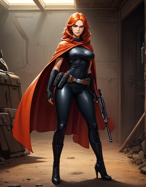 (best quality,8k:1.2,high resolution:1.2), , (Detailed face:1.2), (Detailed eyes:1.2), (Perfect figure:1.2), ultra-detailed,Realistic, Star Wars based setting, vintage science fiction, extremely detailed face, long eyelashes, a full body shot of a woman (Mara Jade), long orange hair, bright blue eyes, a determined look and stoic gaze. She's wearing a tight black leather suit, tan cape, fingerless gloves, silver utility belt, gun holsters, and high-heel boots. She's holding a purple lightsaber. Defending a barracks on a battlefield. professional,vivid colors,Physically-based rendering,sharp focus,studio lighting,conceptual artists