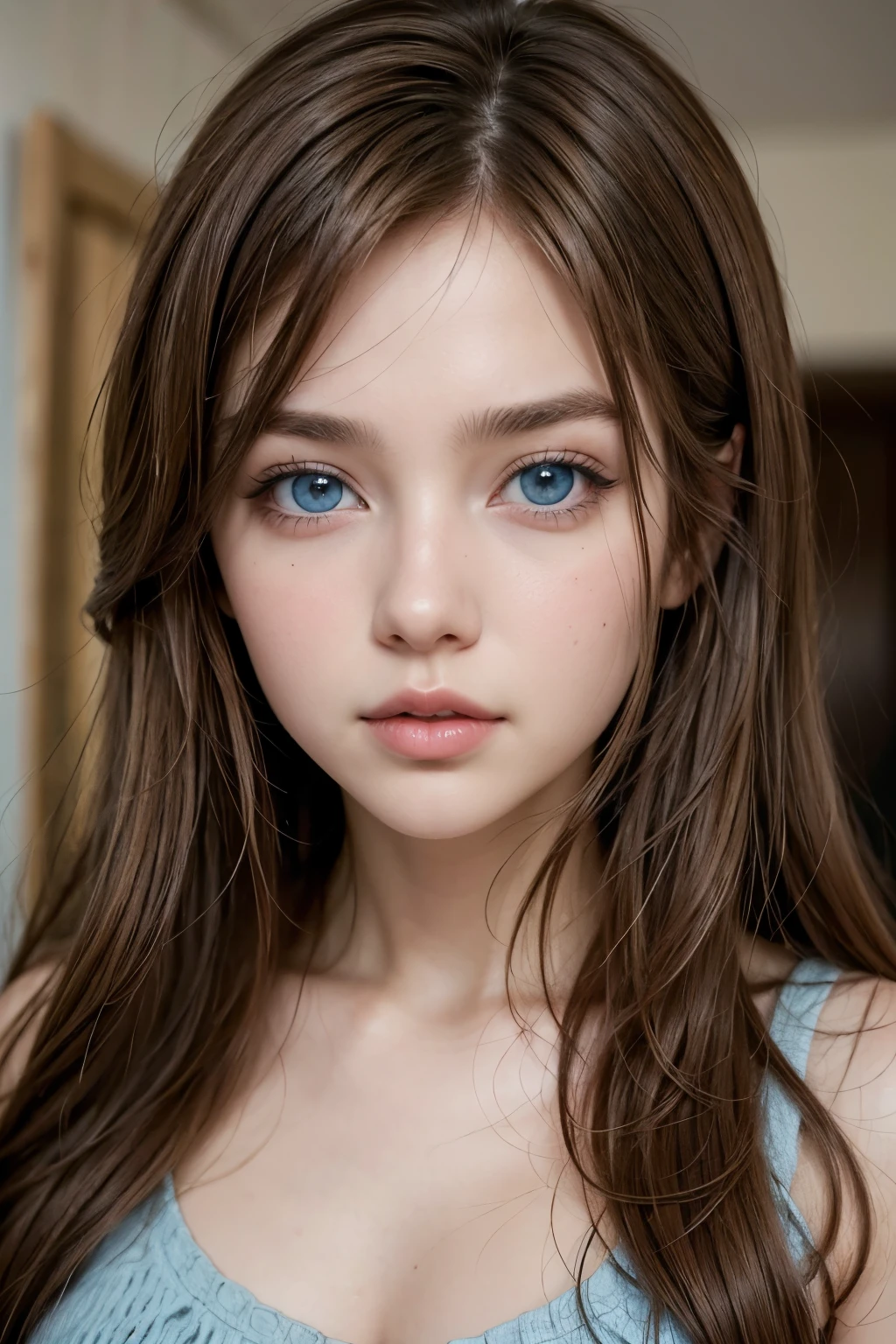 Girl brown hair blue eyes,labios normales, delgada con pechos medianos