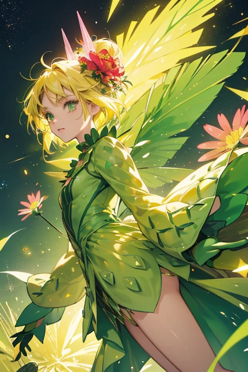 She looks like a green cactus covered in tiny spikes. Her face is pink and she has yellow hair. She has stick-like legs and short green arms that resemble wings, and she has a red flower on the left side of her head. SPARKLE; GLITTER