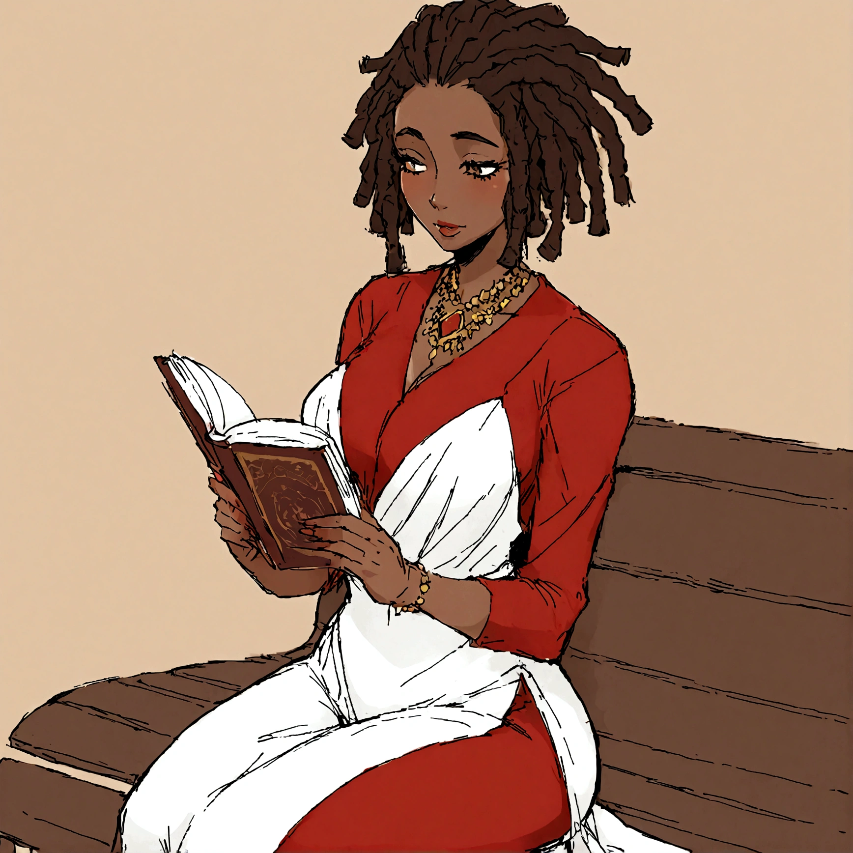 a sexy, curvy ebony skinned milf with long red colored tipped dreadlocks in a flowing low cut dress on a bench reading a book,