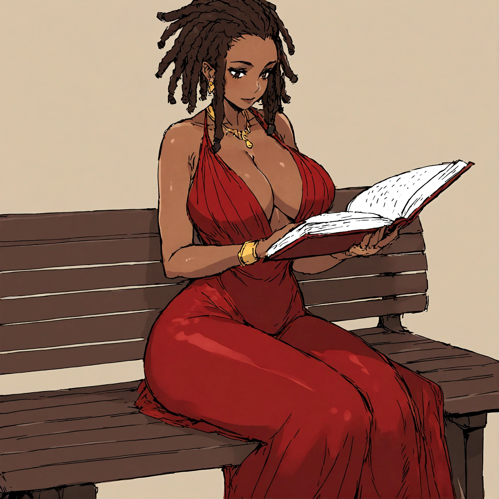 a sexy, curvy ebony skinned milf with long red colored tipped dreadlocks in a flowing low cut dress on a bench reading a book,