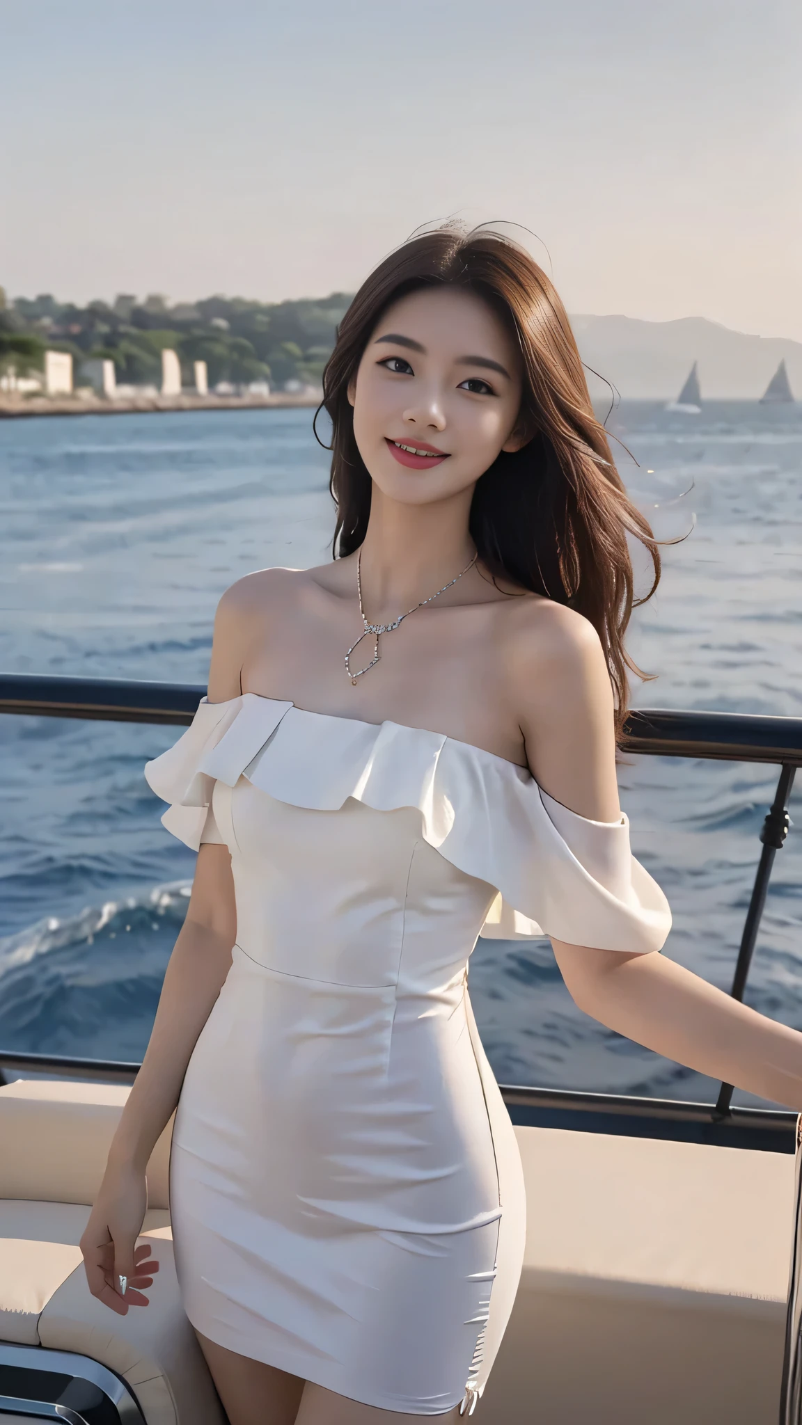 A sweet girl by the yatch luxury at the sea，voluminous hair，Delicate face，Photorealsitic，of a real，largeaperture，wears a white dress luxury，A cropped dress，Off-the-shoulder，A dress around the neck，Slim，smiles，Ultra-high resolution, Blurred background