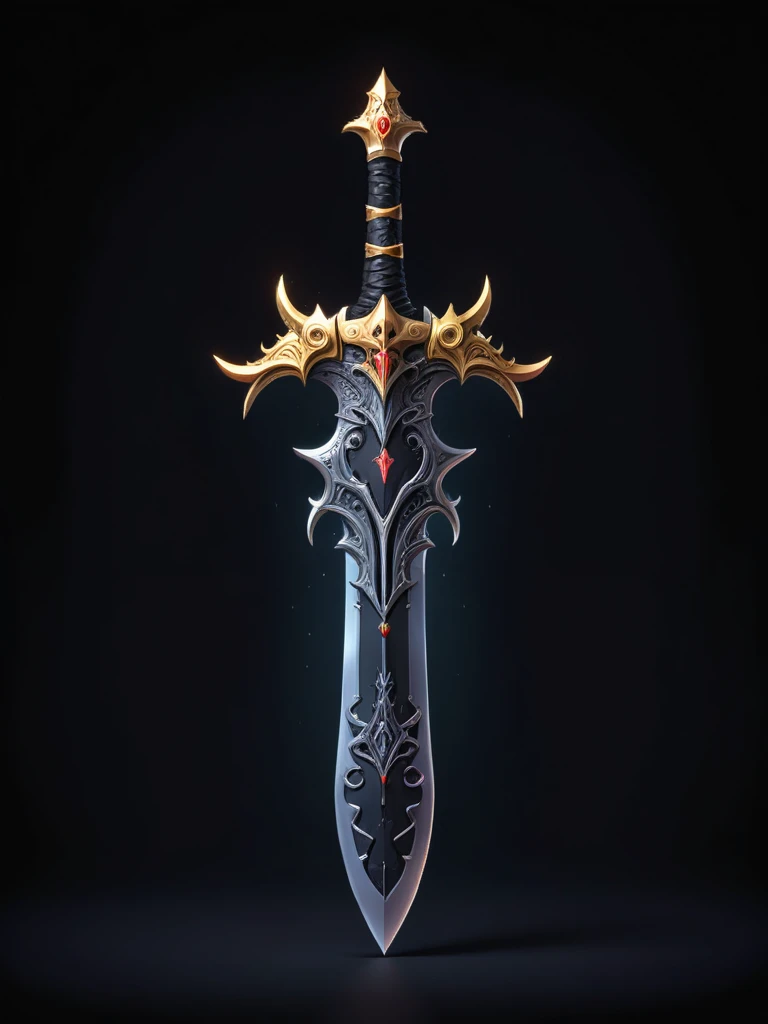 pixel art, cartoon illustration, warrior sword, mistic theme, simple black background, RPG game icon